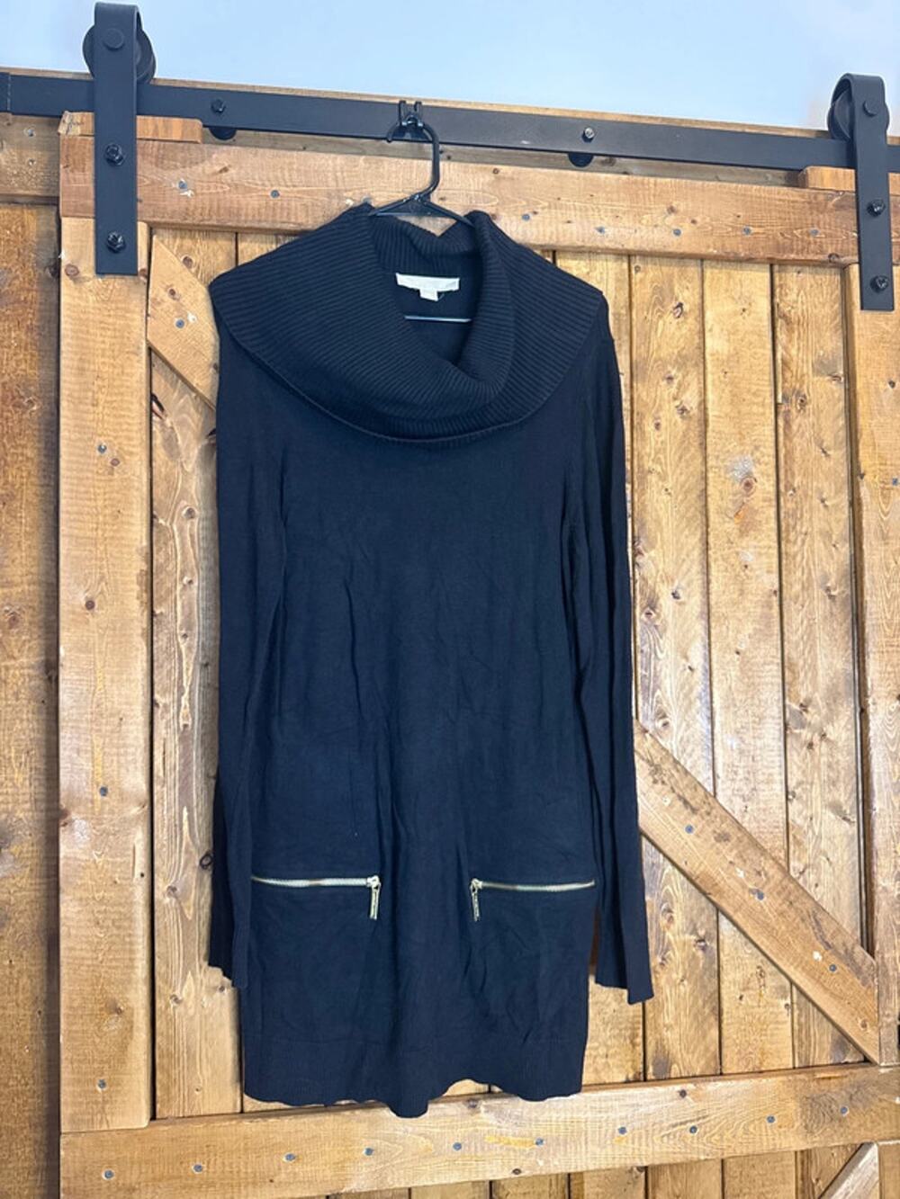 Michael Kors, long black cow, neck sweater size, large, zipper accent gold